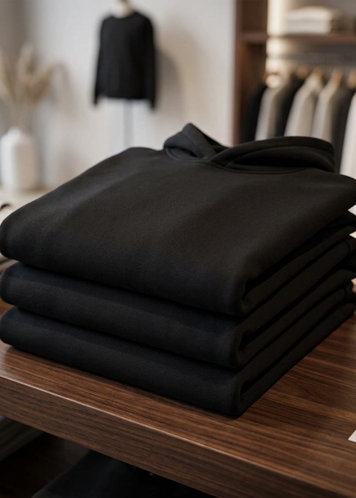 Stack of folded black HawgDogs Classic Gold Eagle Ultimate Fleece-147 Hoodies showing the heavyweight fleece fabric on a wooden shelf