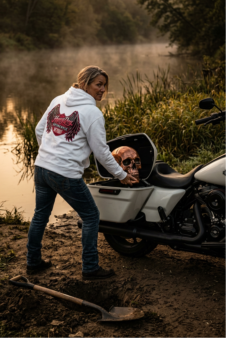 Back of the white Angel Skull premium hoodie on a rider by her motorcycle at the water