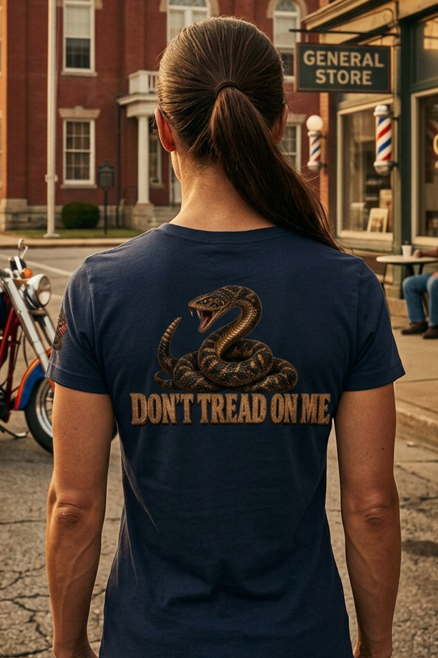 Back of the navy Don't Tread Doggo tee with the coiled snake Don't Tread On Me graphic