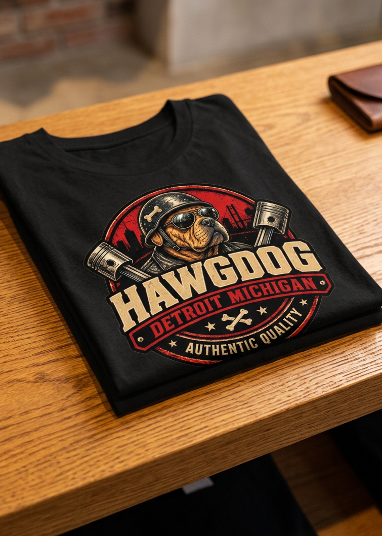 Back of the black Loud Pipes Save Lives men's tank top with the bulldog Detroit crest, folded on a wooden table