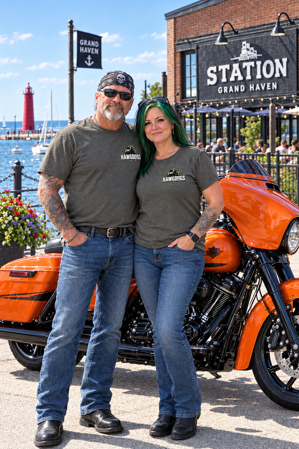 Couple in gray Might of The Republic tees with an orange motorcycle at Grand Haven