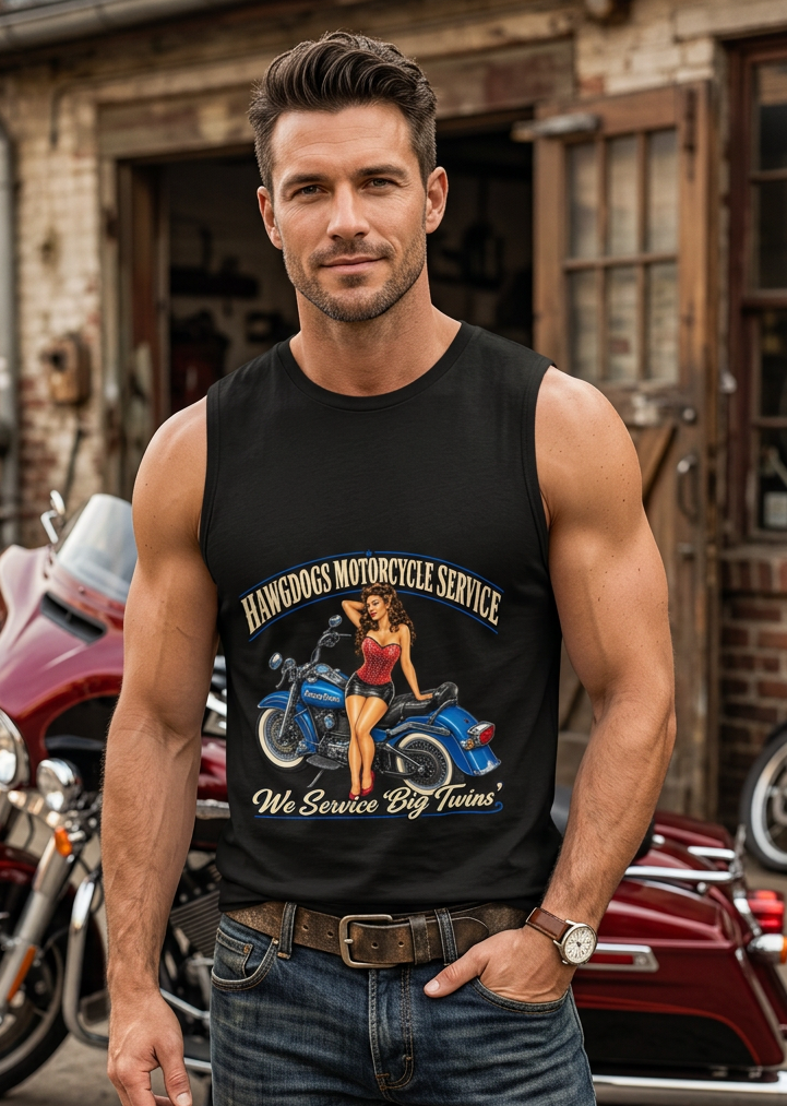 Man in the black Betty Big Twins men's tank top standing in a brick alley