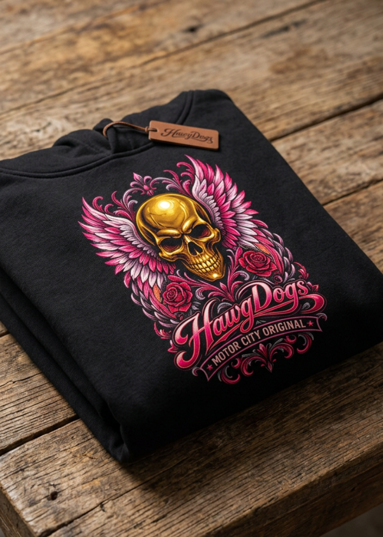 Front of the black Angel Skull women's hoodie with the winged angel skull graphic, laid flat on a wooden table