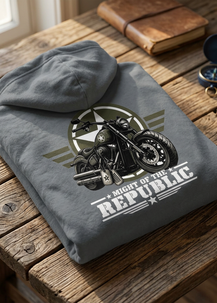 Back of the gray Might of The Republic premium hoodie with the Might of The Republic graphic, laid flat on a wooden table