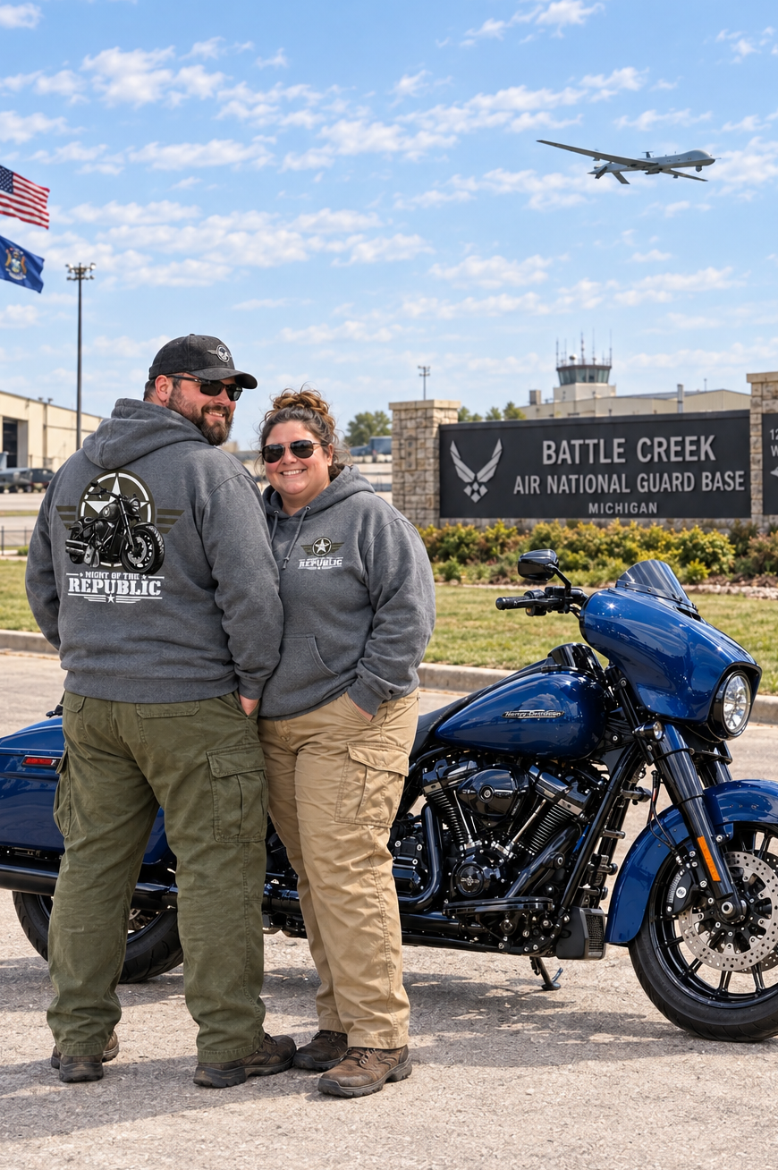 Couple in gray Might of The Republic premium hoodies with a blue motorcycle at an air base