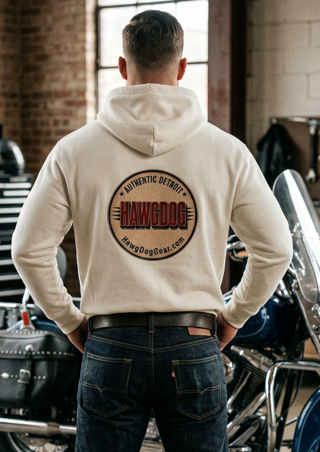 Close-up of the HawgDog Detroit Chapter back emblem on the white Bulldog hoodie