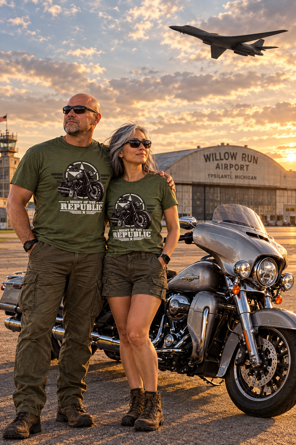 Couple in military green Might of The Republic tees with a touring motorcycle at an air base