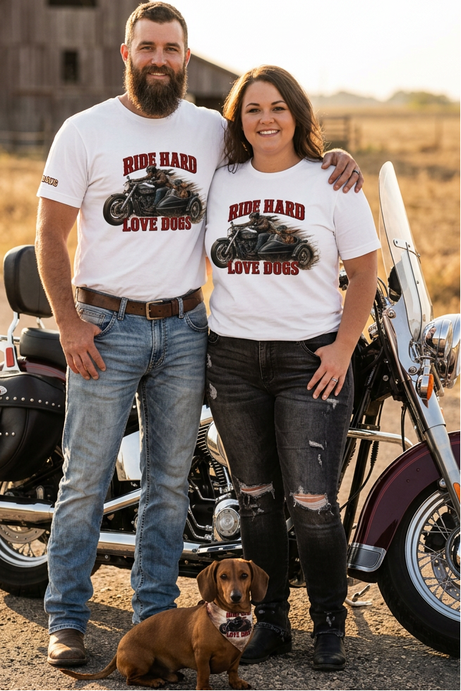 Couple in white Ride Hard & Love Dogs tees by a motorcycle with a dachshund