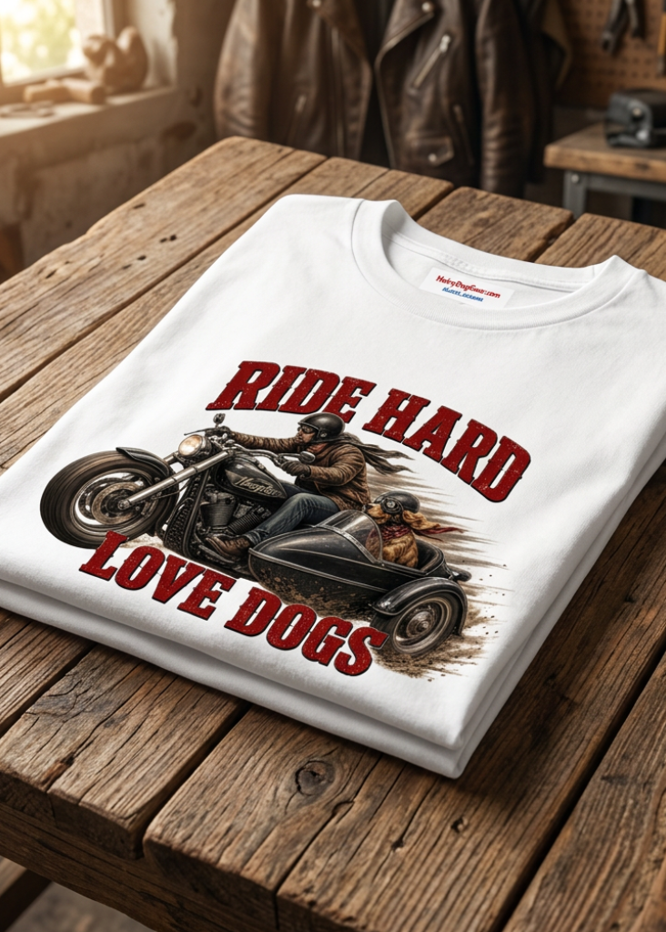 Front of the white Ride Hard & Love Dogs tee with the dog rider on a motorcycle graphic, folded on a wooden table