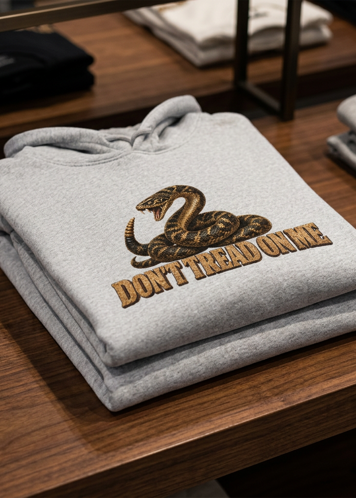 Back of the flower gray HawgDogs Don't Tread Doggo Ultimate Fleece-147 Hoodie with the coiled rattlesnake graphic, folded on a wooden table