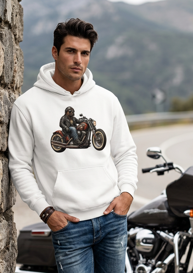 Close-up of the Bulldog biker front graphic on the white hoodie
