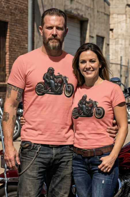 Front of the Pink HawgDogs Bulldog tee with a bulldog in a leather jacket and goggles riding a black motorcycle with red flames on the tank