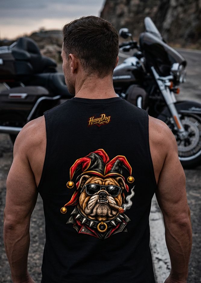 Back of the black Ded-Dog's Hand men's tank top with the full biker jester graphic outdoors