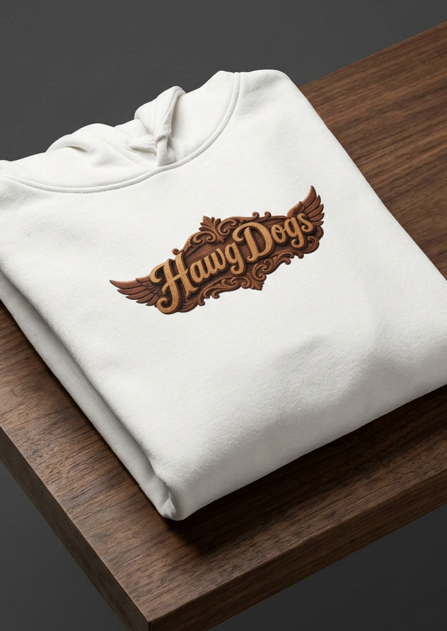 Back of the white HawgDogs Totem Pooch Men's Hoodie with the HawgDog Detroit emblem, folded on a wooden table