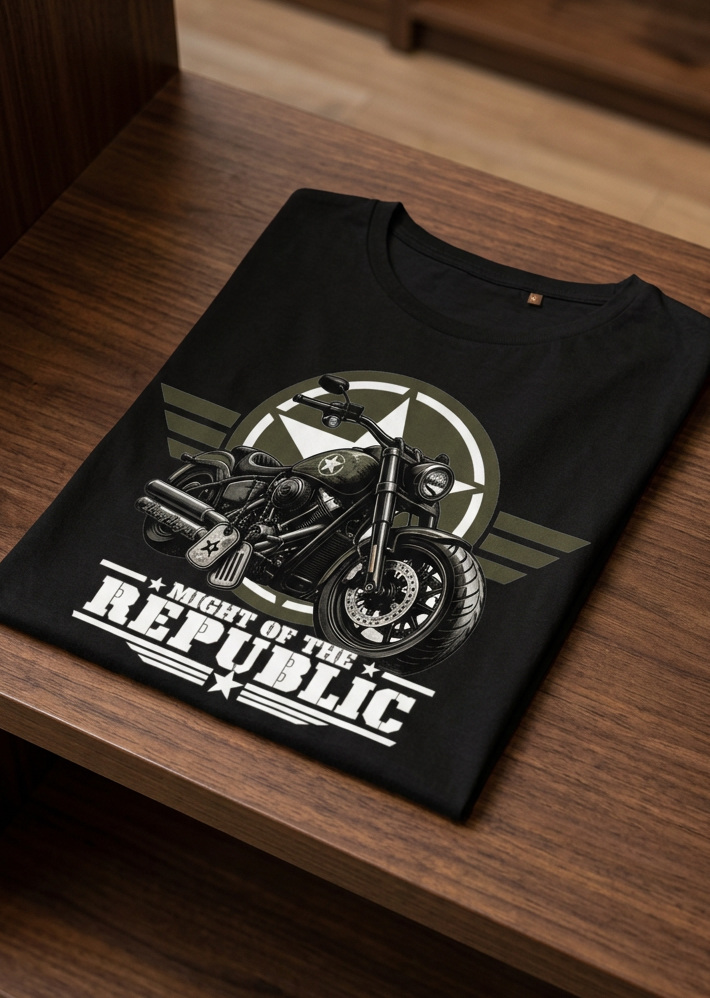 Back of the black Might of The Republic rear-print men's tank top with the full Might of The Republic graphic, folded on a wooden table
