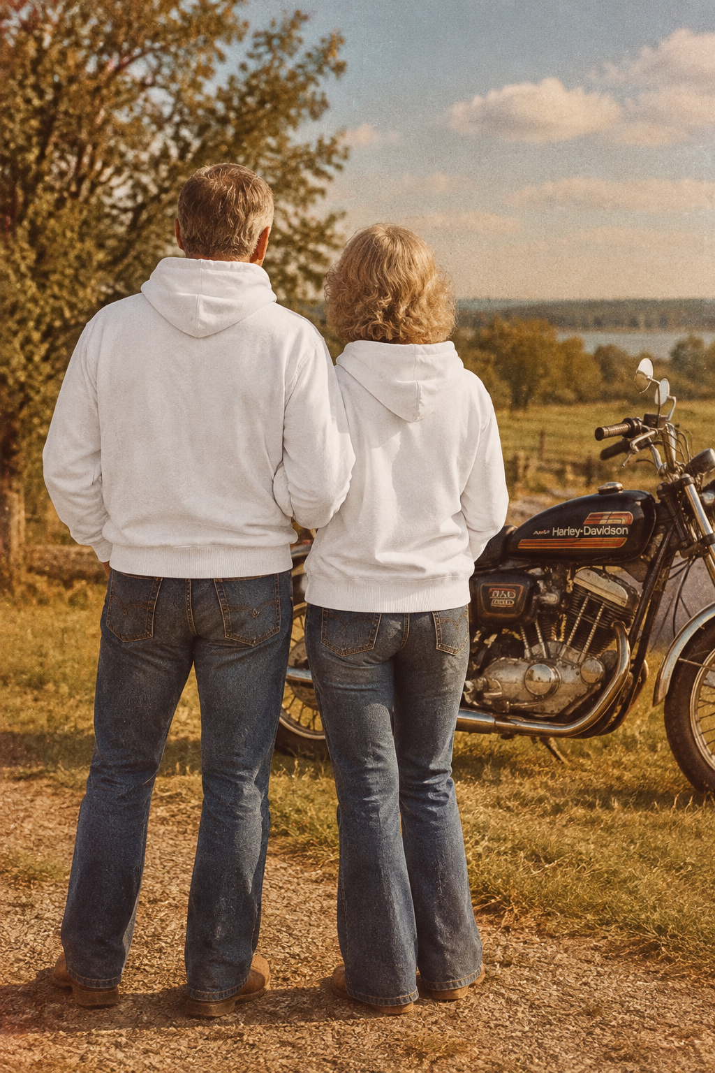 Back of white Keep on Bikin' premium hoodies on a couple looking out at the countryside