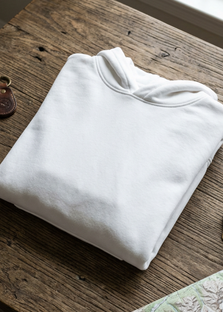 Back of the white HawgDogs Wild Wheelie Men's Hoodie with the HawgDog Detroit emblem, folded on a wooden table
