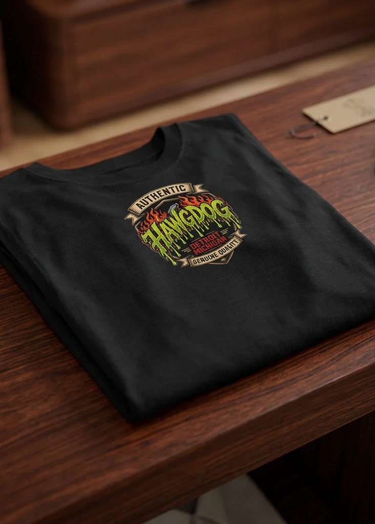 Back of the black Drag Rage men's tank top with the Authentic HawgDog Detroit winged tire logo, folded on a wooden table