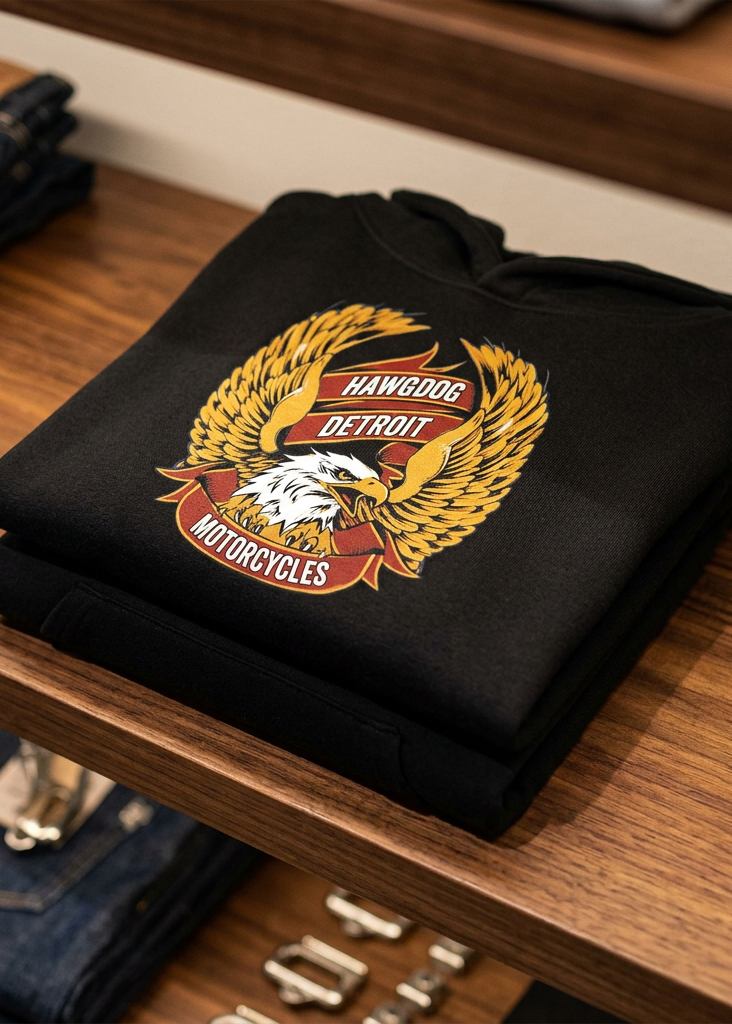 Front of the black HawgDogs Classic Gold Eagle Ultimate Fleece-147 Hoodie with the gold eagle HawgDog Detroit emblem, folded on a wooden shelf