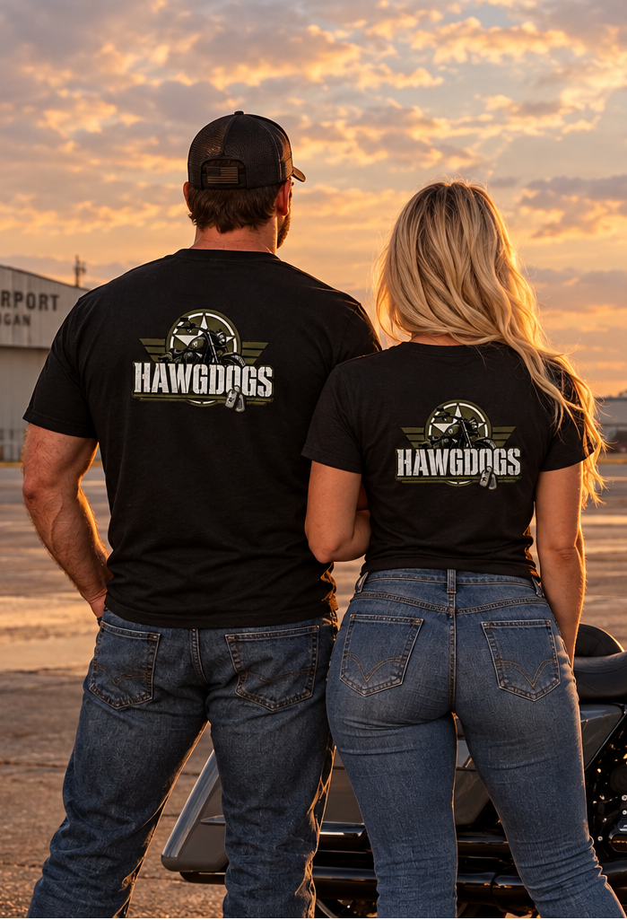 Back of black Might of The Republic tees with the HawgDogs logo at sunset