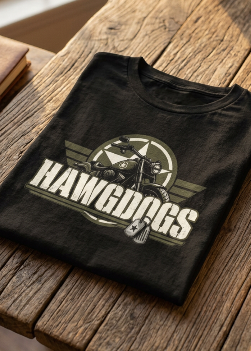 Back of the black Might of The Republic tee with the HawgDogs star and dog tag graphic, folded on a wooden table