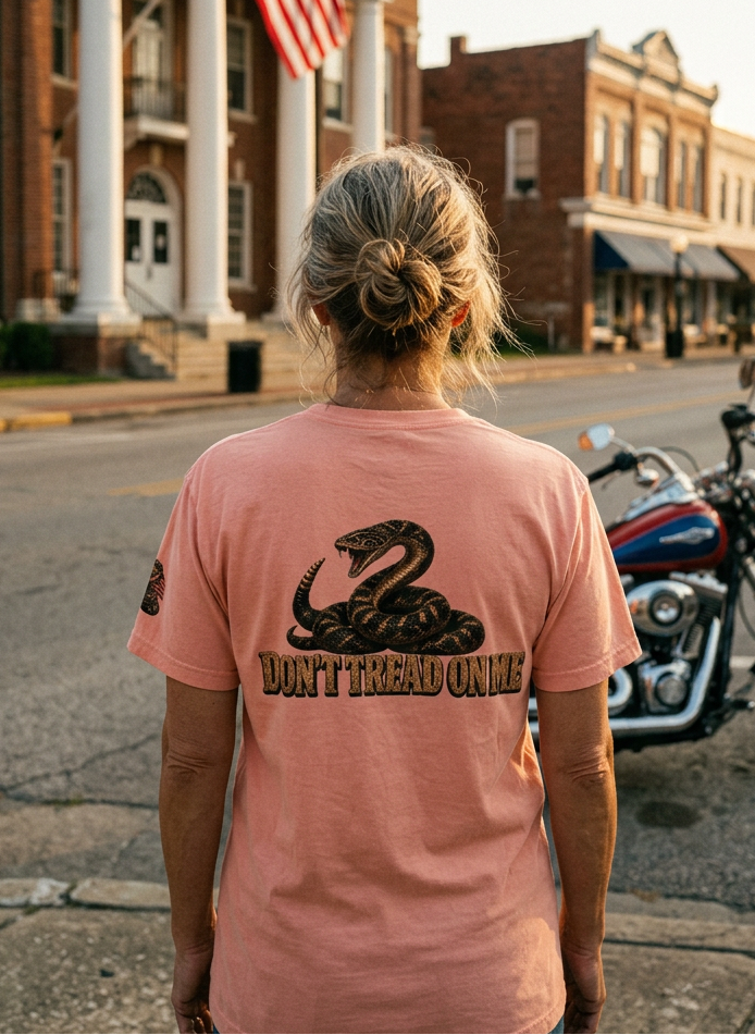 Back of the coral Don't Tread Doggo tee with the coiled snake graphic