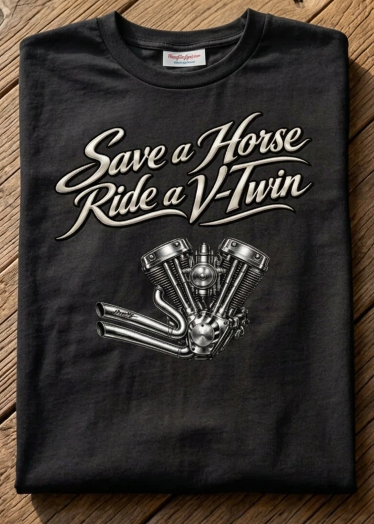 Front of the black Save A Horse tee with the Save a Horse Ride a V-Twin engine graphic, laid flat on a wooden table
