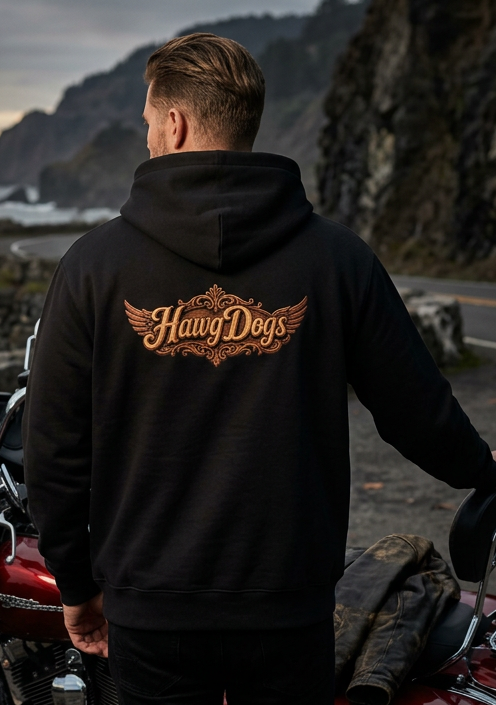 Close-up of the HawgDog Detroit Chapter back emblem on the white Totem Pooch hoodie