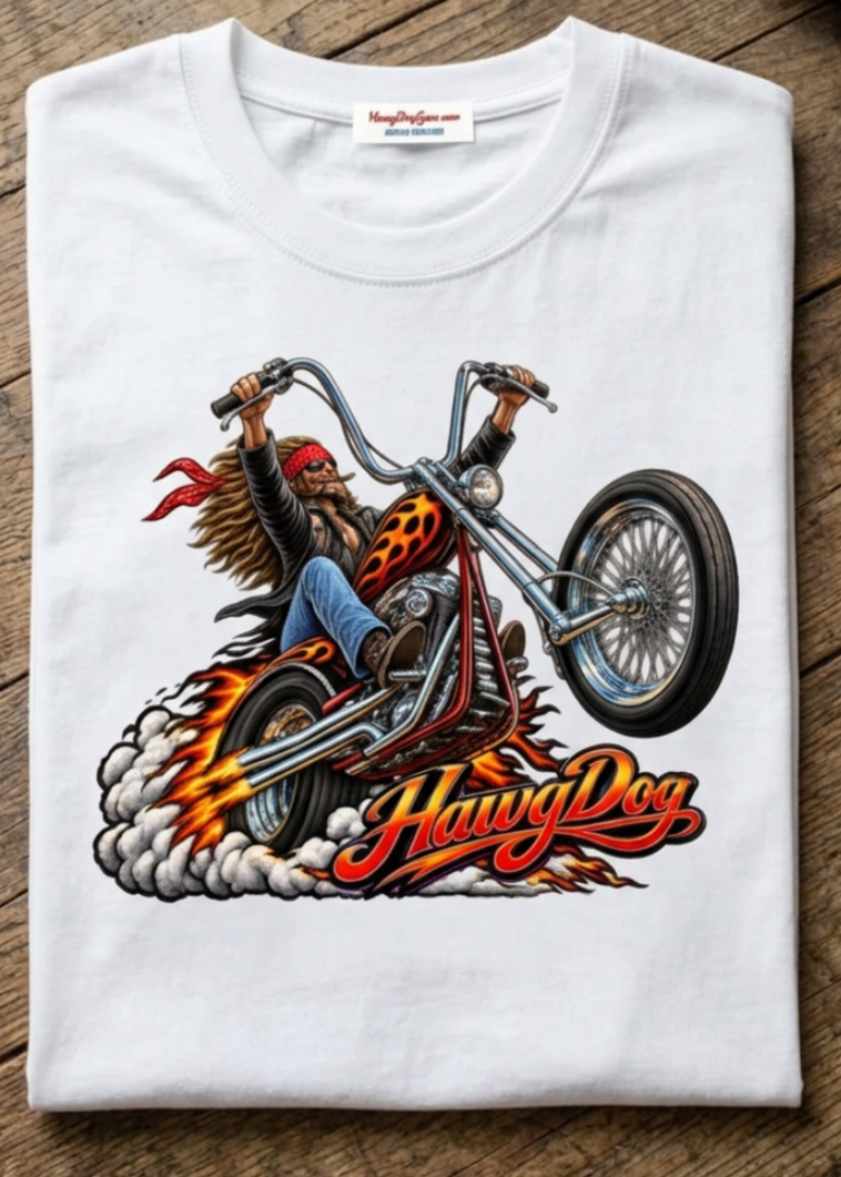 Front of the white Wild Wheelie men's tank top with the flaming wheelie chopper graphic, laid flat on a wooden table