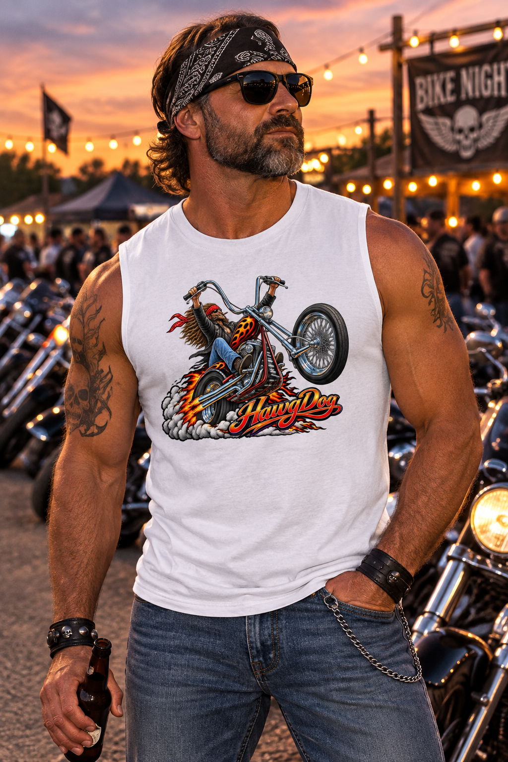 Man in the white Wild Wheelie men's tank top at a motorcycle rally at dusk