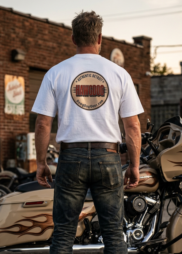 Bagger Dogs men's tee shirt by HawgDog Gear, white, back