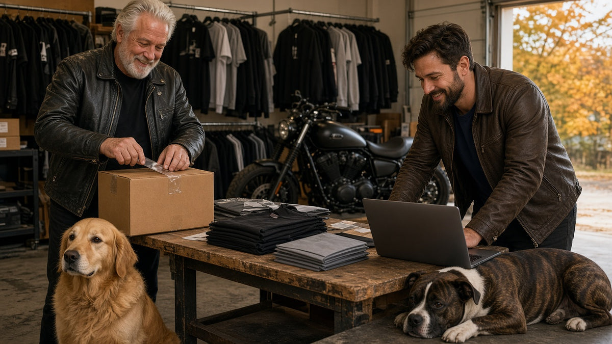 Ratchett and Alan packing HawgDog Gear orders in the shop with Diesel and Lugnut