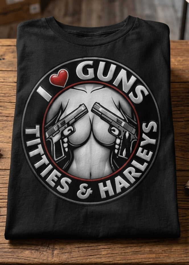 I ♥ Guns & Harleys men's tee shirt by HawgDog Gear, black, front