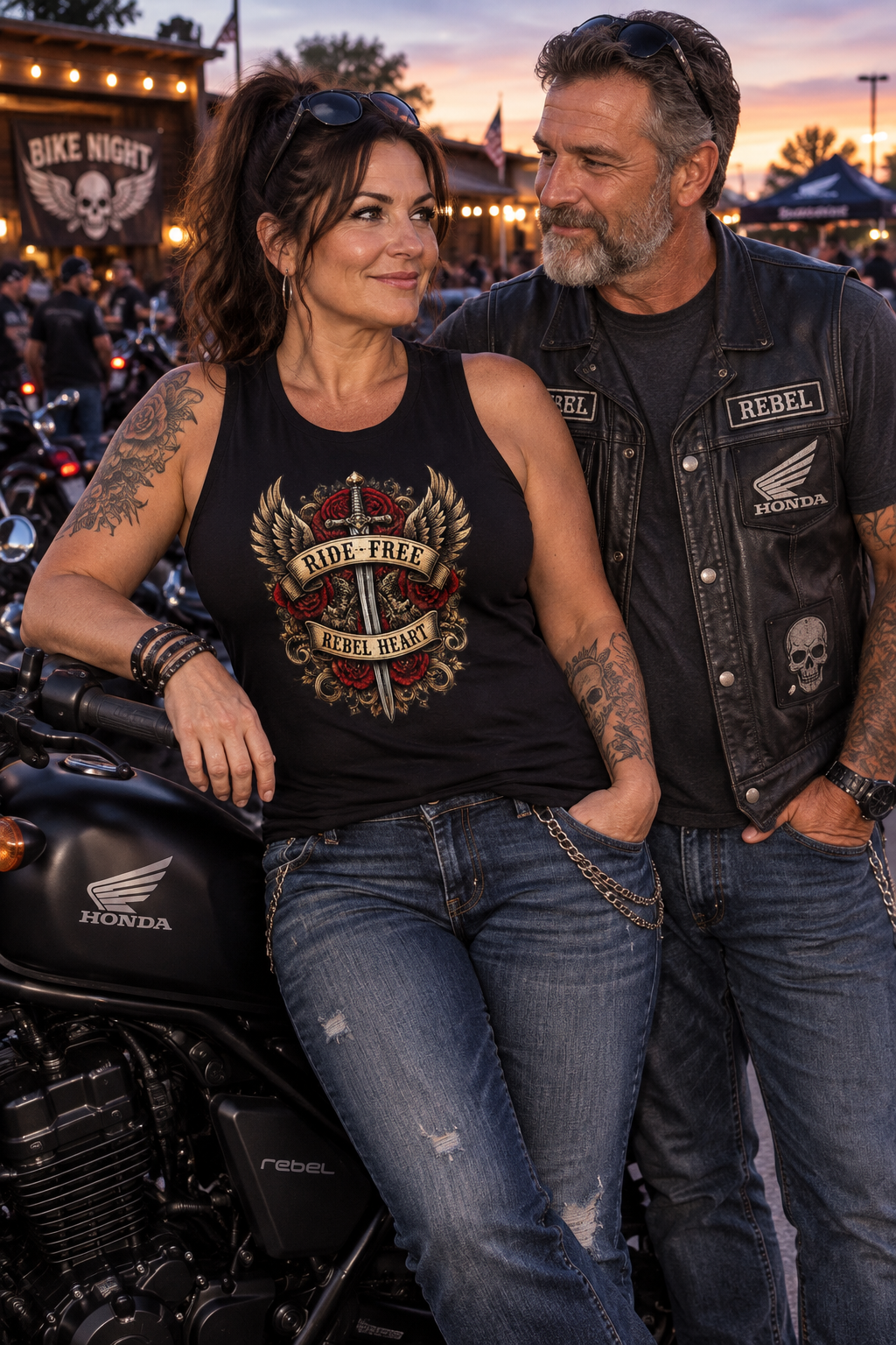 Woman in the black Rebel Heart women's crewneck tank at a nighttime bike rally
