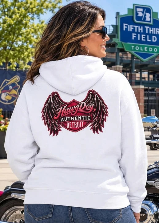 Back of the cream Put Something Exciting premium hoodie with the winged logo
