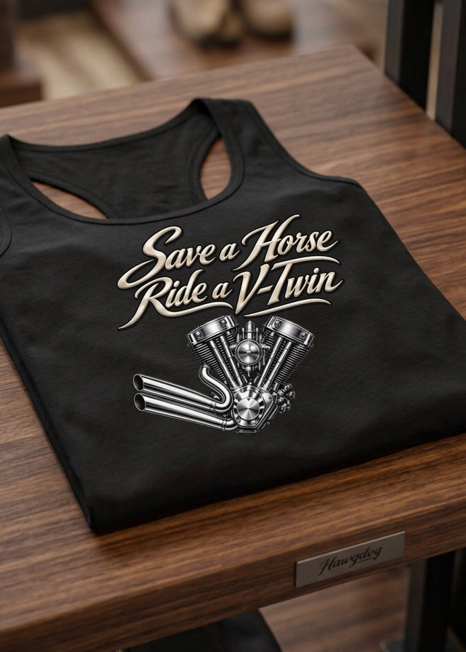 Save a Horse Ride a V-Twin women's racerback tank top in Black, front view, by HawgDog Gear