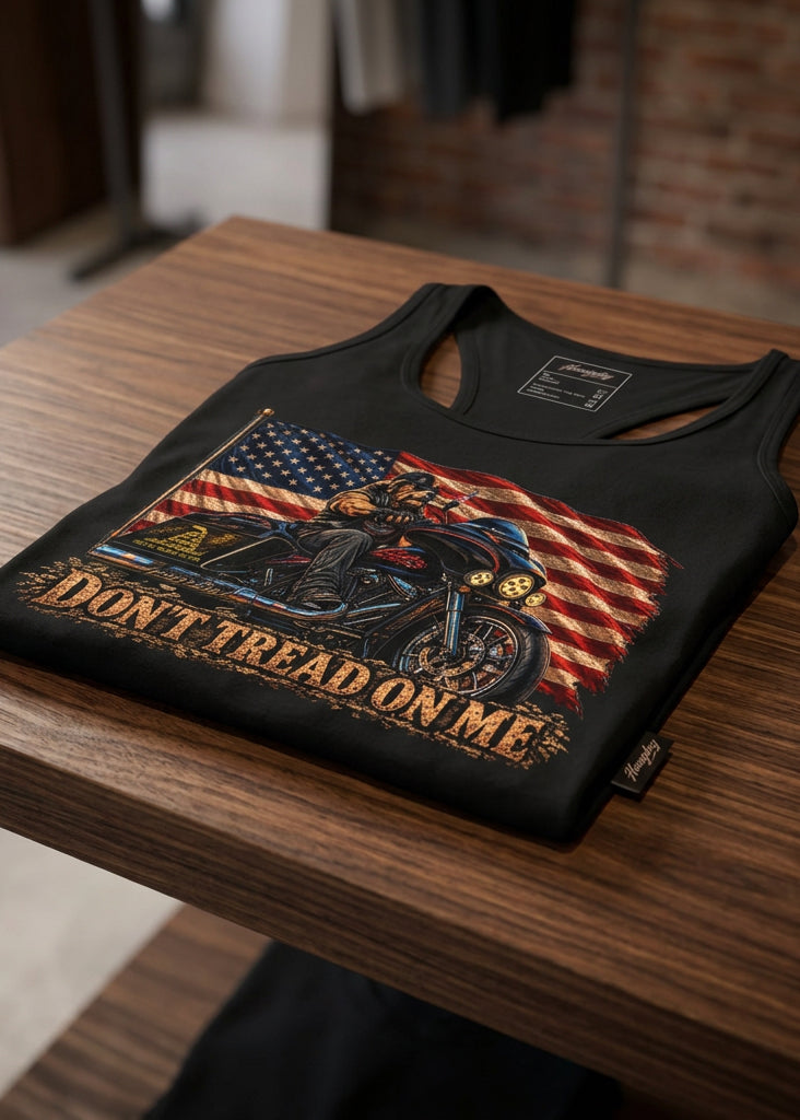 Don't Tread Doggo women's racerback tank top in Black, front view, by HawgDog Gear