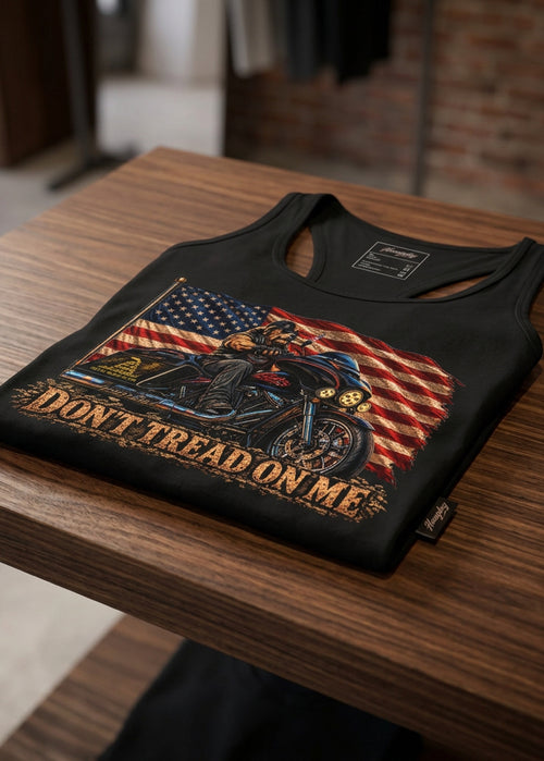 Don't Tread Doggo women's racerback tank top in Black, front view, by HawgDog Gear