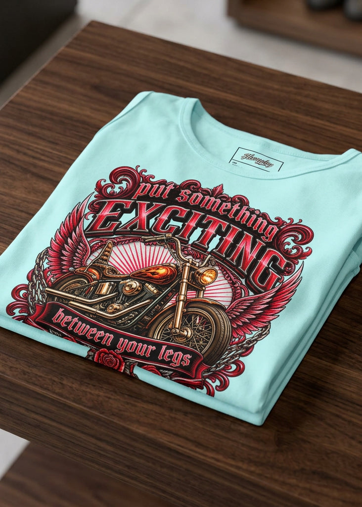 Put Something Exciting Between Your Legs women's racerback tank top in Cancun, front view, by HawgDog Gear