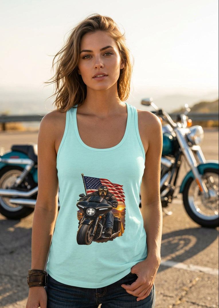American Dog women's racerback tank top in Cancun, front view, by HawgDog Gear