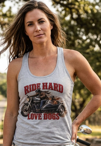 Ride Hard & Love Dogs women's racerback tank top in Heather Gray, front view, by HawgDog Gear