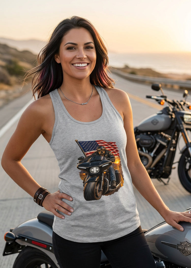 American Dog women's racerback tank top in Heather Gray, front view, by HawgDog Gear