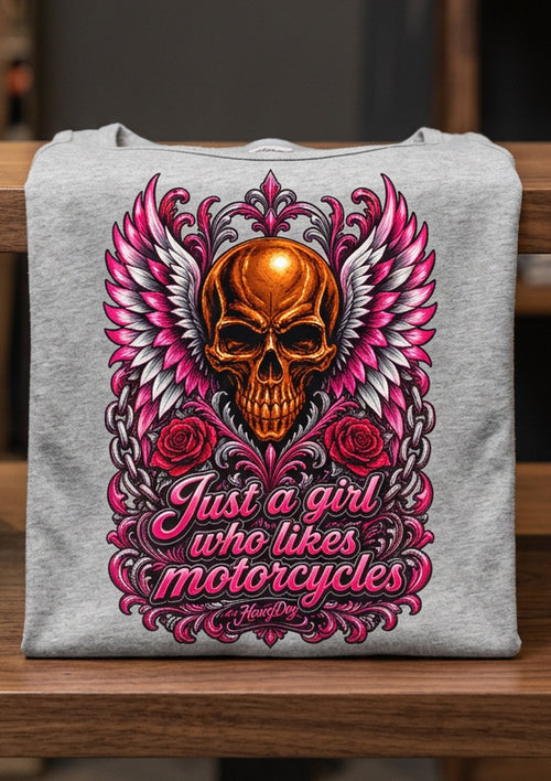 Just a Girl Who Likes Motorcycles women's racerback tank top in Heather Gray, front view, by HawgDog Gear