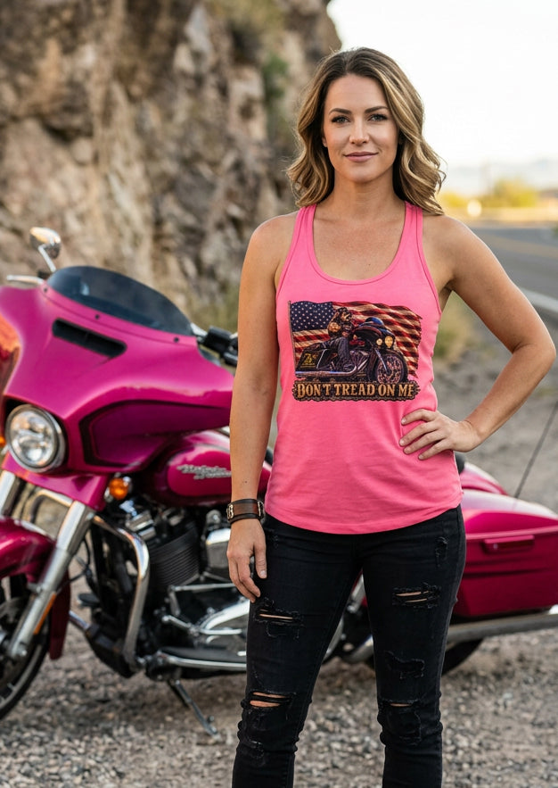 Don't Tread Doggo women's racerback tank top in Hot Pink, front view, by HawgDog Gear