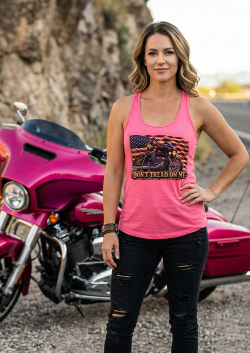 Don't Tread Doggo women's racerback tank top in Hot Pink, front view, by HawgDog Gear