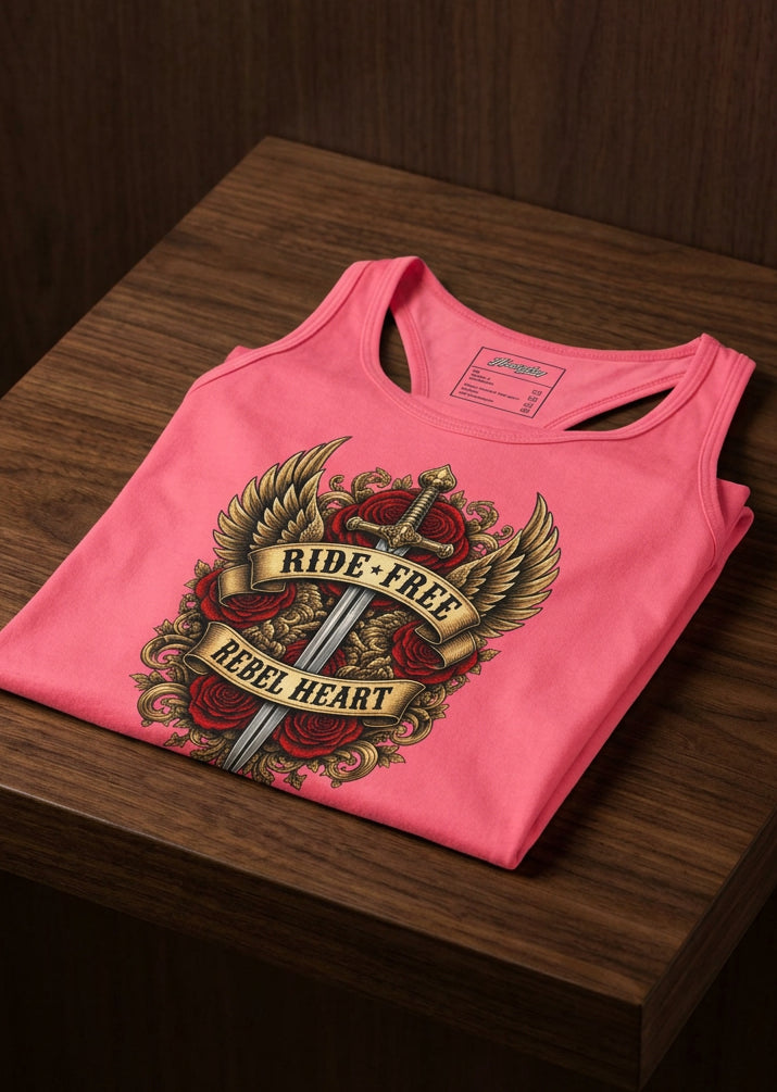 Ride Free Rebel Heart women's racerback tank top in Hot Pink, front view, by HawgDog Gear