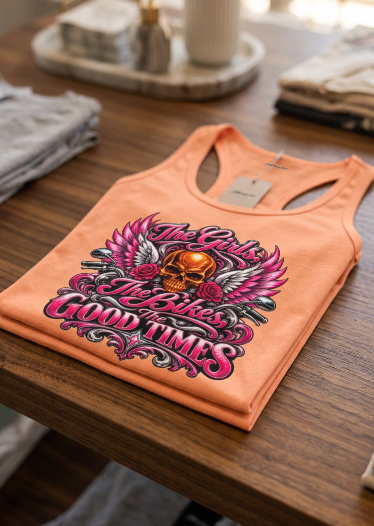 The Girls The Bikes The Good Times women's racerback tank top in Light Orange, front view, by HawgDog Gear