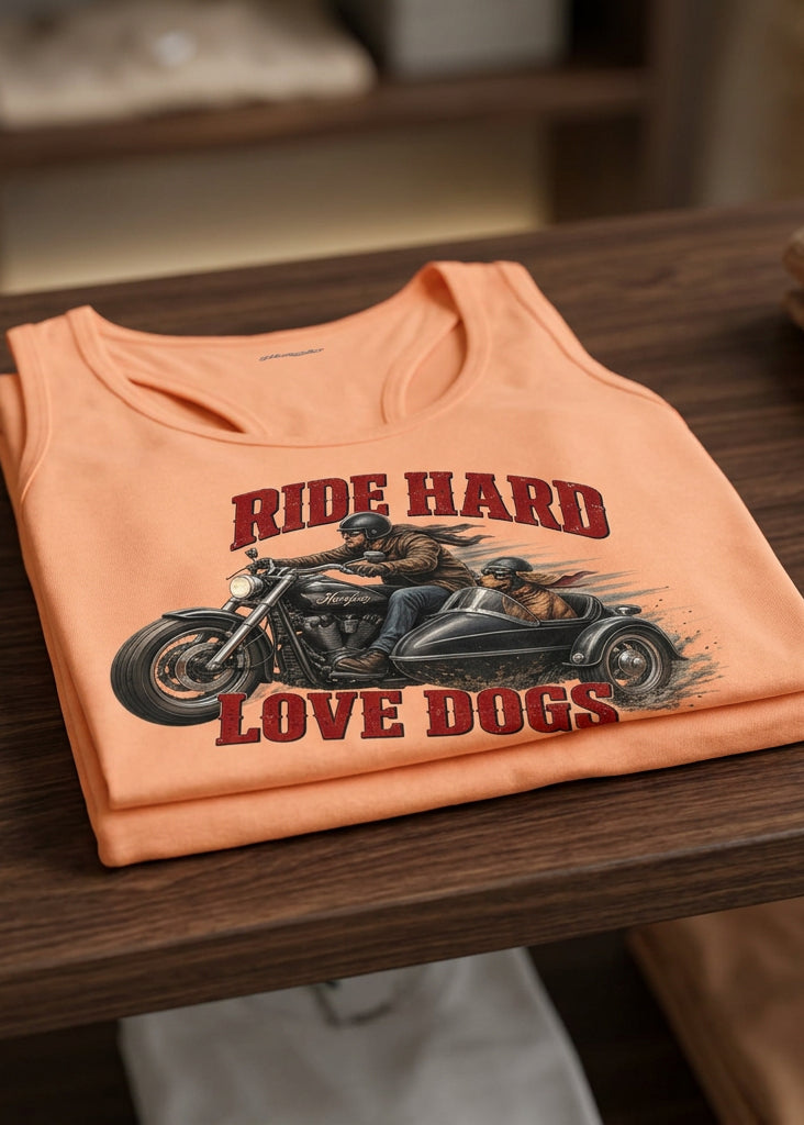 Ride Hard & Love Dogs women's racerback tank top in Light Orange, front view, by HawgDog Gear