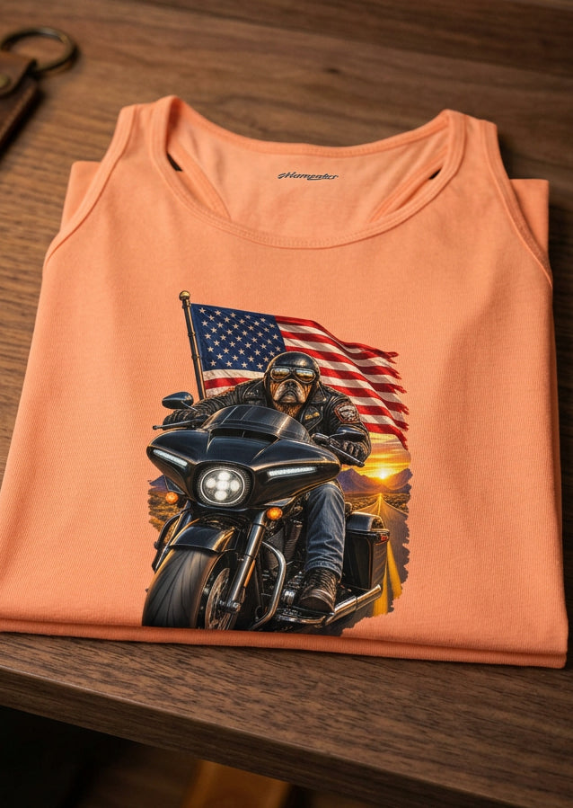 American Dog women's racerback tank top in Light Orange, front view, by HawgDog Gear