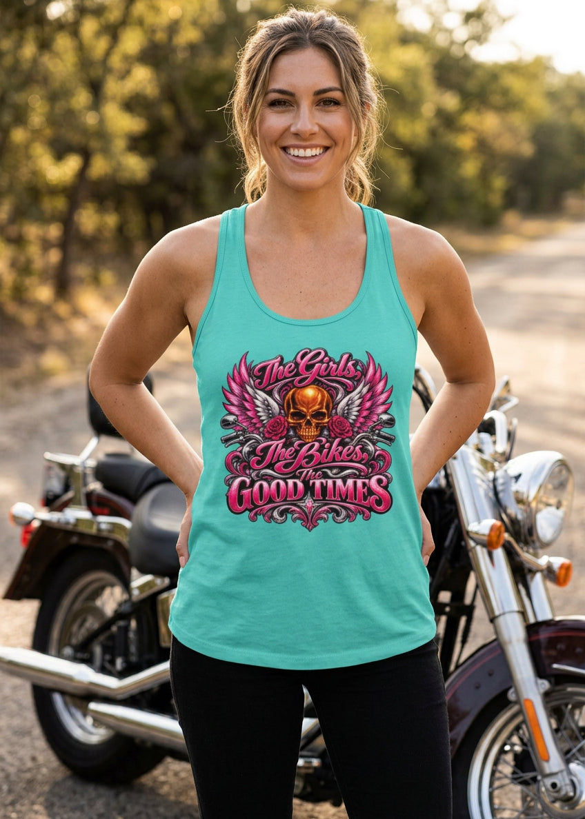 The Girls The Bikes The Good Times women's racerback tank top in Tahiti Blue, front view, by HawgDog Gear